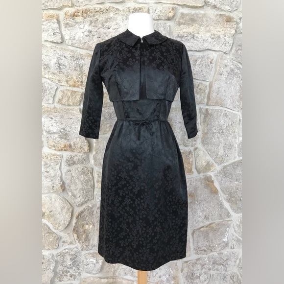 Vintage 50s Black Floral Brocade Dress Set with Kitten Bow Waist Audrey Hepburn - Picture 8 of 16
